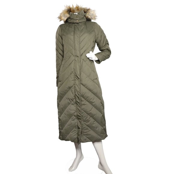 Larry Levine Long Midi Down Filled Parka Coat Faux Fur Hood Olive Green Quilted - Picture 2 of 15